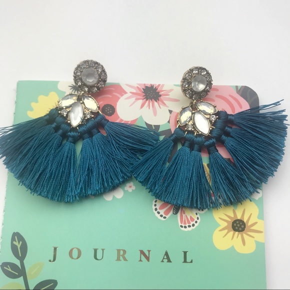 Adele | Teal Rhinestone tassel fan earring - Picture 2 of 4